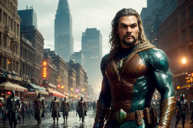 (dark shot:1.1), (noir:1), epic realistic, Jason Momoa, aquaman  from dc with deadpool suit from marvel and dc aquaman logo on his chest, city, street, crowd on background, (looking at viewer:1.3), (soft smile:1.1), spooky atmosphere, horror, soft cinematic light, war  in background, adobe lightroom, photolab, hdr, intricate, highly detailed, (depth of field:1.4), faded, (neutral colors:1.2), (hdr:1.4), (muted colors:1.2), hyperdetailed, (artstation:1.4), cinematic, warm lights, dramatic light, (intricate details:1.1), complex background, (teal and orange:0.4), (intricate details:1.12), hdr, (intricate details, hyperdetailed:1.15), ((intricate details)),