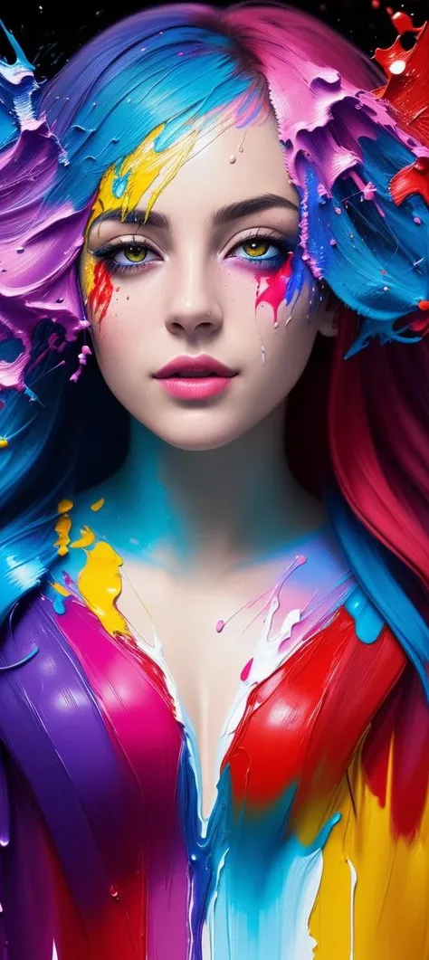(level difference:1.8),(Paint colliding and splashing on the canvas),(depth of field),1girl's side face blends into it,thick flowing,(paint splatter:1.3),Liquid state,stunningly beautiful, masterpiece, detailed background,ultra high quality model, ethereal background,abstract beauty, explosive volumetric, oil painting,heavy strokes,Romantic lighting,Sub-Surface Scatterring,glow,8k,high resolution,ultrawide shot, dreamy,ray tracing,hdr,god rays,facing away,