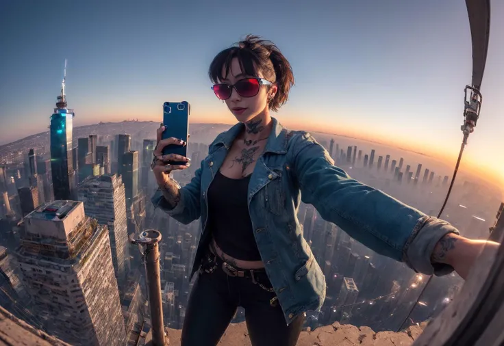 night,neon lights,cyberpunk,city, cityscape,The views of the buildings are stunning,detailed background,depth of field,boken,\\
(masterpiece), best quality, highest quality, extremely detailed, beautiful face, CG unity 8k wallpaper, detailed and intricate, original,highres,\\
nsfw,show nipples,A fashionably dressed girl wearing sunglasses, jacket,jeans,(Stand in a very high and dangerous place,Extreme selfie:1.5),a bird's-eye view,(tattoo:1.2),(thrilled expressions,excited expressions),black hair,//
, girls focus, solo, from above, standing,//
realistic:1.3, (ambient light:1.3),(cinematic composition:1.3),(neon lights:0.1),(HDR:1),Accent Lighting,
pureerosface_v1:1