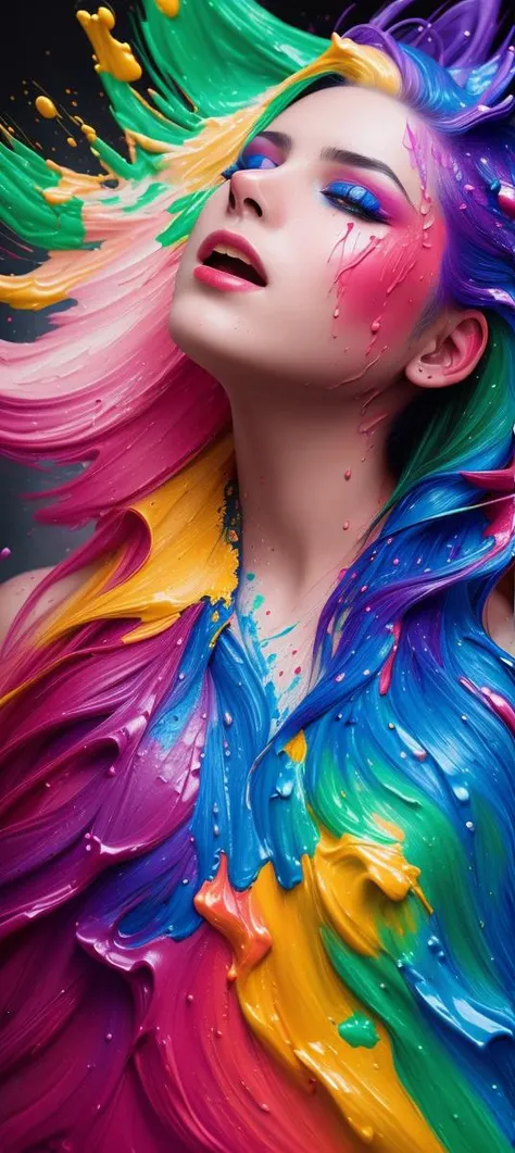 (level difference:1.8),(Paint colliding and splashing on the canvas),(depth of field),1girl's side face blends into it,((side face)),open mouth,(liquid paint rainbow hair:1.1) made of paint and defies gravity,thick flowing,(paint splatter:1.3),Liquid state,stunningly beautiful, masterpiece, detailed background,ultra high quality model, ethereal background,abstract beauty, explosive volumetric, oil painting,heavy strokes,Romantic lighting,Sub-Surface Scatterring,lens 135mm,f1.8,glow,8k,high resolution, dreamy,ray tracing,hdr,god rays,
