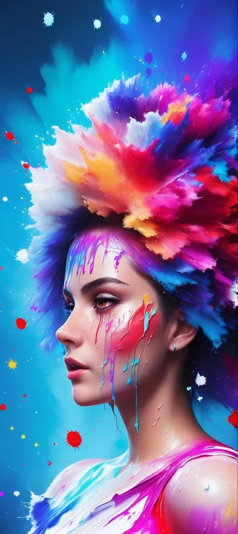 (level difference:1.8),(Paint colliding and splashing on the canvas),(depth of field),1girl's side face blends into it,thick flowing,(paint splatter:1.3),Liquid state,stunningly beautiful, masterpiece, detailed background,ultra high quality model, ethereal background,abstract beauty, explosive volumetric, oil painting,heavy strokes,Romantic lighting,Sub-Surface Scatterring,glow,8k,high resolution,ultrawide shot, dreamy,ray tracing,hdr,god rays,facing away,