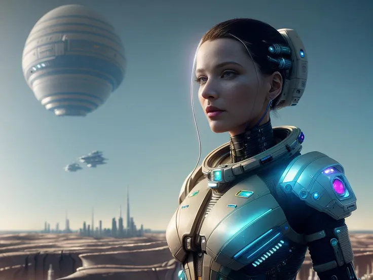 complex 3d render ultra detailed of a beautiful porcelain profile woman android,open mouth,light smile,(((Space City in the background))),(((There are space warships in the sky))), sci fi, (wide open landscape:1.8),Repair bracket,inflateble shapes, wires, tubes, veins, jellyfish, white biomechanical details, wearing epic bionic cyborg implants, masterpiece, intricate, biopunk, vogue, highly detailed, artstation, concept art,robotic parts,beautiful studio soft light, rim light, vibrant details, luxurious cyberpunk, lace, hyperrealistic, anatomical, facial muscles, cable electric wires, microchip, elegant, beautiful background, octane render, H.R. Giger style, 8k