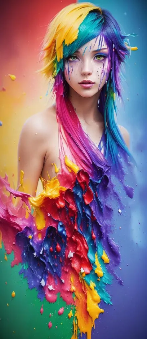 (level difference:1.8),(Paint colliding and splashing on the canvas),(depth of field),1girl's side face blends into it,((side face)),open mouth,(liquid paint rainbow hair:1.1) made of paint and defies gravity,thick flowing,(paint splatter:1.3),Liquid state,stunningly beautiful, masterpiece, detailed background,ultra high quality model, ethereal background,abstract beauty, explosive volumetric, oil painting,heavy strokes,Romantic lighting,Sub-Surface Scatterring,lens 135mm,f1.8,glow,8k,high resolution, dreamy,ray tracing,hdr,god rays,
