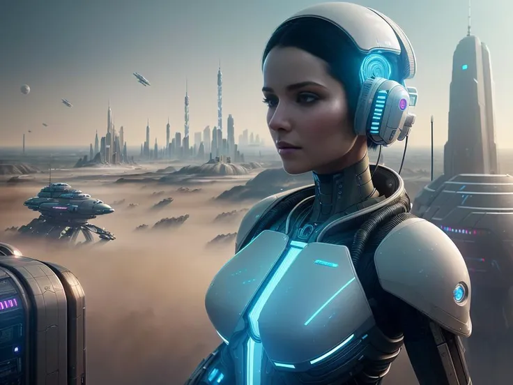 complex 3d render ultra detailed of a beautiful porcelain profile woman android,(((Space City in the background))),(((There are space warships in the sky))), sci fi, (wide open landscape:1.8),Repair bracket,inflateble shapes, wires, tubes, veins, jellyfish, white biomechanical details, wearing epic bionic cyborg implants, masterpiece, intricate, biopunk, vogue, highly detailed, artstation, concept art,robotic parts,beautiful studio soft light, rim light, vibrant details, luxurious cyberpunk, lace, hyperrealistic, anatomical, facial muscles, cable electric wires, microchip, elegant, beautiful background, octane render, H.R. Giger style, 8k