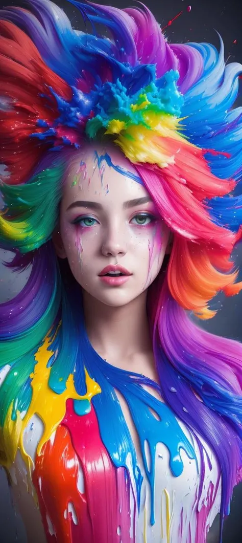 (level difference:1.8),(Paint colliding and splashing on the canvas),(depth of field),1girl's side face blends into it,(side face),open mouth,(liquid paint rainbow hair:1.1) made of paint and defies gravity,thick flowing,(paint splatter:1.3),Liquid state,stunningly beautiful, masterpiece, detailed background,ultra high quality model, ethereal background,abstract beauty, explosive volumetric, oil painting,heavy strokes,Romantic lighting,Sub-Surface Scatterring,lens 135mm,f1.8,glow,8k,high resolution, dreamy,ray tracing,hdr,god rays,