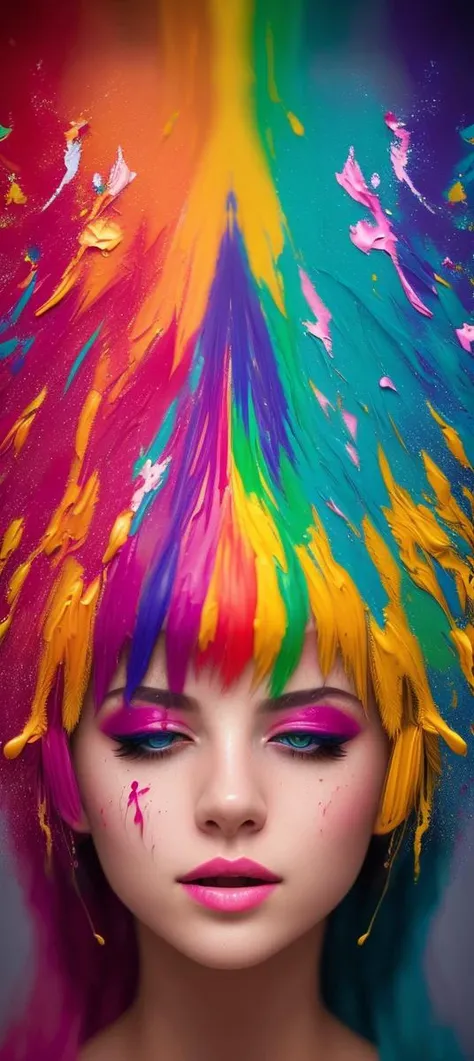 (level difference:1.8),(Paint colliding and splashing on the canvas),(depth of field),1girl's side face blends into it,(side face),open mouth,(liquid paint rainbow hair:1.1) made of paint and defies gravity,thick flowing,(paint splatter:1.3),Liquid state,stunningly beautiful, masterpiece, detailed background,ultra high quality model, ethereal background,abstract beauty, explosive volumetric, oil painting,heavy strokes,Romantic lighting,Sub-Surface Scatterring,lens 135mm,f1.8,glow,8k,high resolution, dreamy,ray tracing,hdr,god rays,