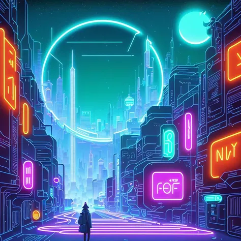 a cat standing in front of a neon illuminated wall of text, inside an elven city, concept art, by Emiliano Ponzi, by Chris Ware, criterion collection, concept art, dystopian, science fiction, ((8k, high resolution, ultra detailed)), (((sharp lines))), (((perfectly round cutout at the middle oof the screen)))