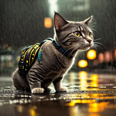 a cat playing in the rain, ((city lights, dark)), ((wet)), puddles, water, ((close up)), photography, HDR, RAW, Nikon, professional, centered, round head, insane details,((intricate details)), hdr, ((intricate details, hyperdetailed)), ((cinematic)), (((backpack on back)))