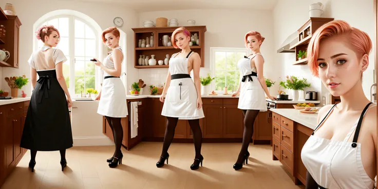 portrait of a playful maid, undercut hair, apron, amazing body, pronounced feminine feature, busty, kitchen, [ash blonde | ginger | pink hair], freckles, flirting