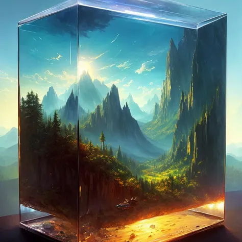 cinematic universe inside of a glass cube, sharp focus, concept art, very detailed, very realistic, trending on artstation, in the style of ALBERT BIERSTADT