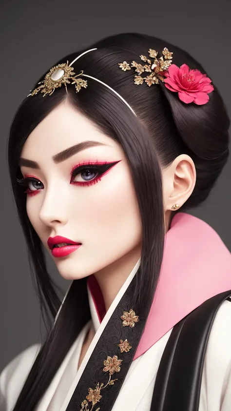 geisha_in_y2k_style_by_Balenciaga, beauty, ((intricate_details, hyperdetailed, hyperrealistic)), photoshoot, fashion, haute_couture, fashion_show, amazing_body, pronounced_feminine_feature, ultra_feminine_woman, glowing_eyes, detailed_pupils, detailed_irises, open_mouth, behance_hd, beauty_shoot, fashion_photo, skin, cotton, leather, jeans, silk, chiffon