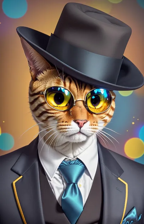 a portrait Photo of a person with tabby|calico cat head wearing luxurious tuxedo and detective hat, trending on Artstation dominating shiny blue and yellow colors,dark background, color shift, chromatic abberation, (fisheye dimmed bokeh:1.2) cat like human, in studio, dark background, solid background, striking light, analog style, sunflowers decoration on suit, stylish pose, fashionable cat face, yelow_tie, (cool_sunglasses:1.0)<lora:epiNoiseoffset_v2:0.7>