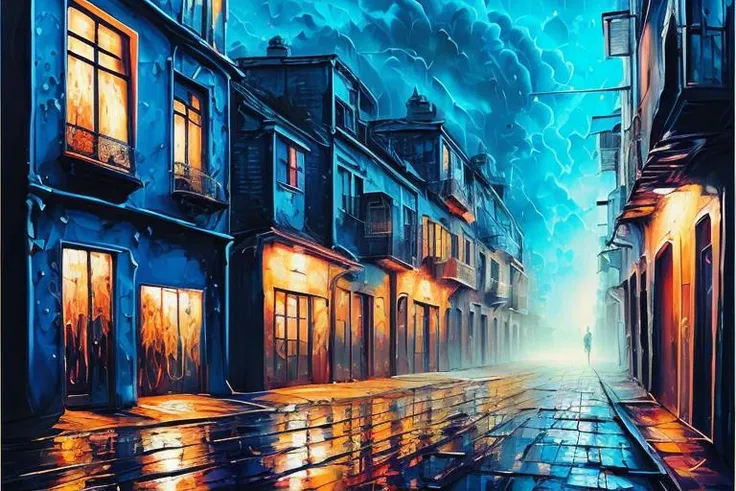 masterpiece, best quality, (deep vivid colors | (art by acrylic pouring) | 2d illustration), cloud, (buildings and Alleys:1.2), dark nighttime, raining, fog, dark gradation background, low hue, close up, portrait