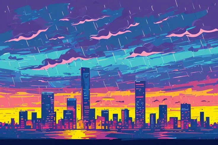 masterpiece, best quality, (bright vivid colors | art by acrylic pouring | 2d minialist vector illustration), city, raining, sunset, a high chroma, dark gradation background