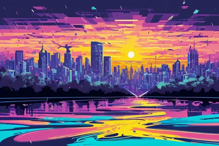 masterpiece, best quality, (bright vivid colors | art by acrylic pouring | 2d minialist vector illustration), city, raining, sunset, a high chroma, dark gradation background
