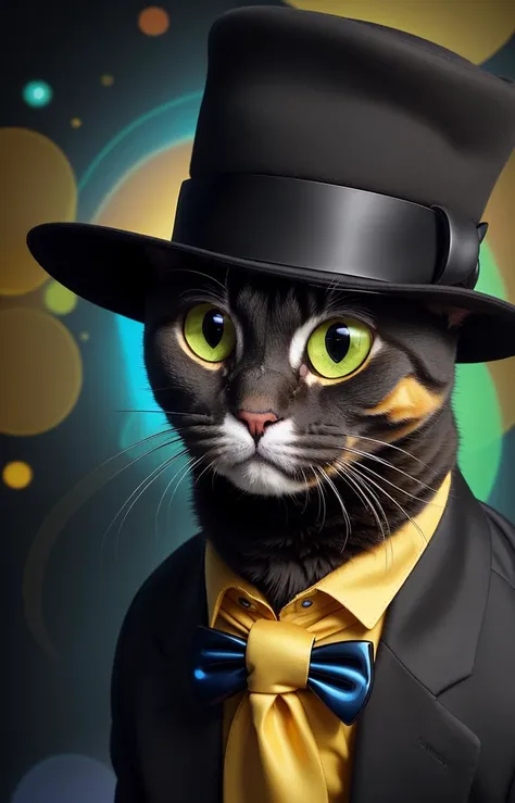 a portrait Photo of a person with tabby|calico cat head wearing luxurious tuxedo and detective hat, trending on Artstation dominating shiny blue and yellow colors,dark background, color shift, chromatic abberation, (fisheye dimmed bokeh:1.2) cat like human, in studio, dark background, solid background, striking light, analog style, (sunflowers decoration on hat:1.0), stylish pose, fashionable cat face, yelow_tie, (cool_sunglasses:1.0)<lora:epiNoiseoffset_v2:0.7>
