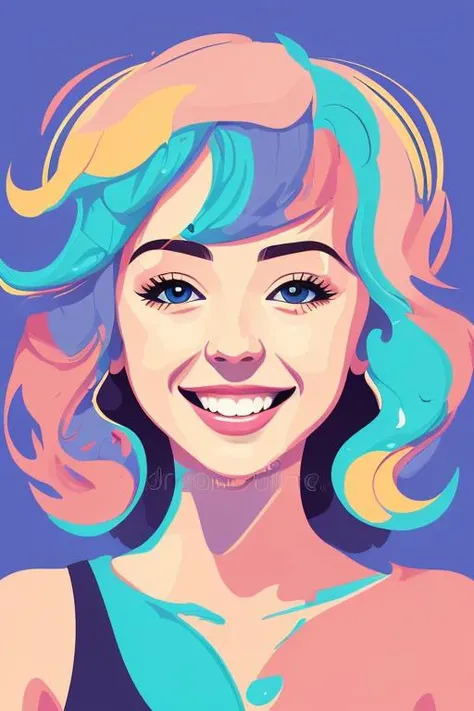 masterpiece, best quality, ( art by acrylic pouring | warm bright pastel colors | 2d minialist vector illustration |), 1gril, beautiful woman, smile, portrait, bright background