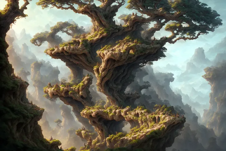 a group of holes in the side of a rock wall with trees growing out of them and bushes growing out of the holes, dramatic lighting, matte painting, artstation, by joseph stella, by peter mohrbacher, by hayao miyazaki