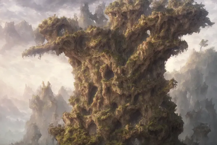 a group of holes in the side of a rock castle with trees growing out of them and bushes growing out of the holes, dramatic lighting, matte painting, artstation, by joseph stella, by peter mohrbacher, by hayao miyazaki
