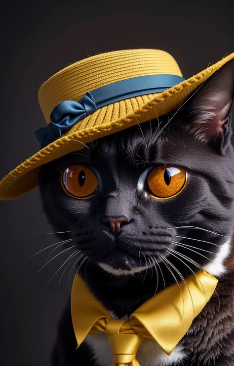 a portrait Photo of a person with tabby|calico cat head wearing luxurious tuxedo and detective hat, trending on Artstation dominating shiny blue and yellow colors,dark background, color shift, chromatic abberation, (fisheye dimmed bokeh:1.2) cat like human, in studio, dark background, solid background, striking light, analog style, (sunflowers decoration on hat:1.1), stylish pose, fashionable cat face, yelow_tie, (cool_sunglasses:1.0)<lora:epiNoiseoffset_v2:0.7>