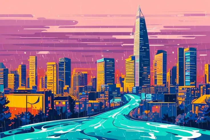 masterpiece, best quality, (bright vivid colors | art by acrylic pouring | 2d minialist vector illustration), city, raining, sunset, a high chroma, dark gradation background