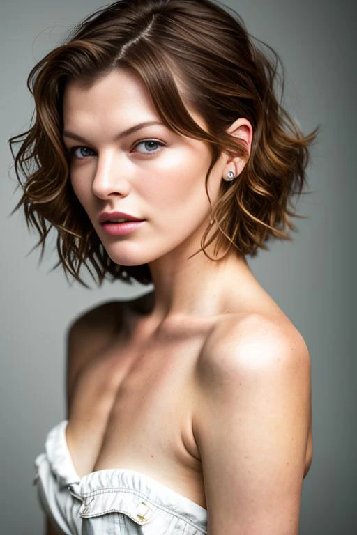 1girl, Milla Jovovich, Masterpiece, RAW, Nikon Z 85mm, award winning glamour portrait, front lit, HDR, Beautiful, petite 18 year old supermodel, epic (photo, studio lighting, hard light, sony a7, 50 mm, matte skin, pores, colors, hyperdetailed, hyperrealistic),extremely detailed face, (extremely detailed hair:1.2), short hair, closeup, normal shiny skin,detailed long messy hair:1.3