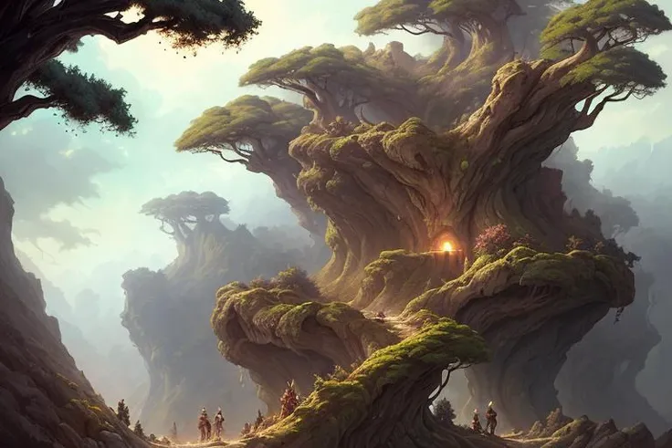 a group of holes in the side of a rock wall with trees growing out of them and bushes growing out of the holes, dramatic lighting, matte painting, artstation, by joseph stella, by peter mohrbacher, by hayao miyazaki