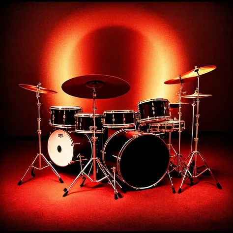 electric guitar and piano and drums, arranged in circle in a dark room, black and red pallete, low light, mystery, magical, hdr
