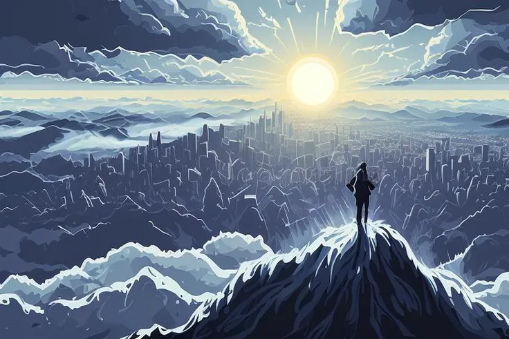 masterpiece, best quality, (chaos atmosphere | deep greyish vivid colors | (art by acrylic pouring) | 2d minialist vector illustration), mountain, cloud, (city:1.2), Sunflare between the clouds, dark gradation background, close up, portrait