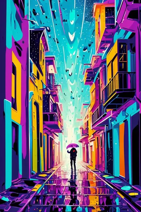 masterpiece, best quality, (deep vivid colors | (art by acrylic pouring) | 2d minialist vector illustration), cloud, (building and Alley:1.2), raining, dark gradation background, close up, portrait