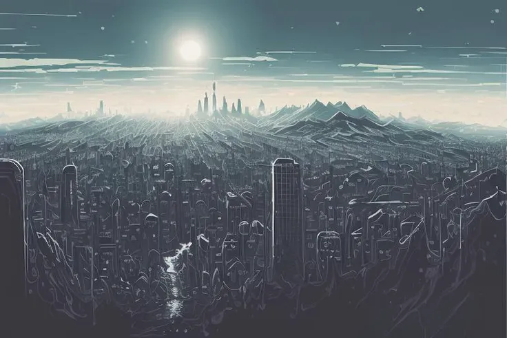 masterpiece, best quality, (chaos atmosphere | deep greyish vivid colors | (art by acrylic pouring) | 2d minialist vector illustration), mountain, cloud, (city:1.2), Sunflare between the clouds, dark gradation background, close up, portrait