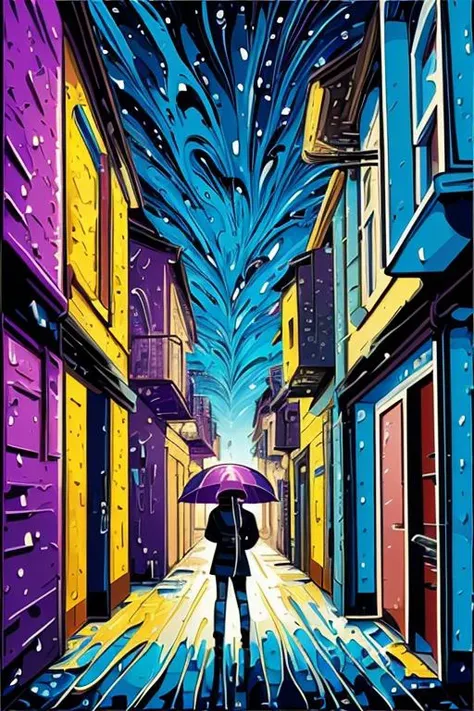 masterpiece, best quality, (deep vivid colors | (art by acrylic pouring) | 2d minialist vector illustration), cloud, (building and Alley:1.2), raining, dark gradation background, close up, portrait