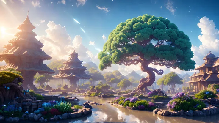 masterpiece, best quality, high quality, extremely detailed CG unity 8k wallpaper, a hyperrealistic colossal cyan raintree, in a futuristic prehistoric village, splashing water, sandy debris, lens flares, sunshaft, fluffy clouds, Hyperdetailed, HDR, bloom, Photorealistic, hyperdetailed
