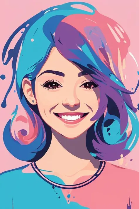 masterpiece, best quality, ( art by acrylic pouring | warm bright pastel colors | 2d minialist vector illustration |), 1gril, beautiful woman, smile, portrait, bright background