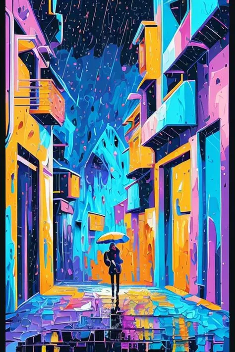 masterpiece, best quality, (deep vivid colors | (art by acrylic pouring) | 2d minialist vector illustration), cloud, (building and Alley:1.2), raining, dark gradation background, close up, portrait