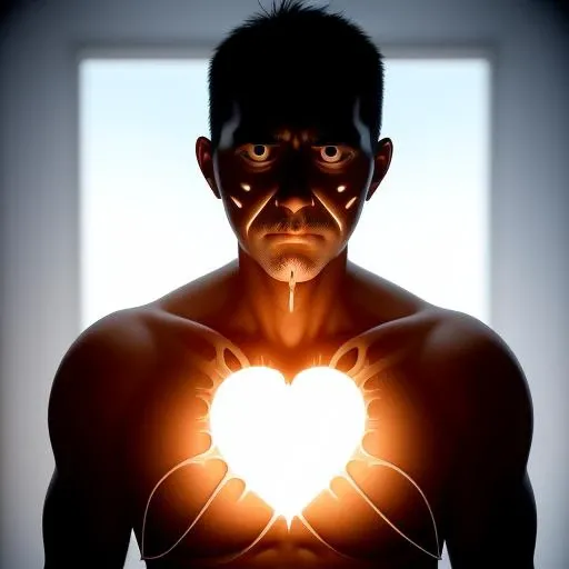 (Sad man:1.1) with a (hole in his chest:1.1) that has a floating heart in the middle, detailed, 4k, realistic, perfect lighting