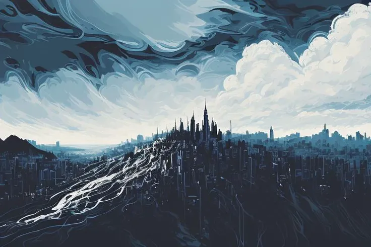 masterpiece, best quality, (chaos atmosphere | deep greyish vivid colors | (art by acrylic pouring) | 2d minialist vector illustration), mountain, cloud, (city:1.2), Sunflare between the clouds, dark gradation background, close up, portrait