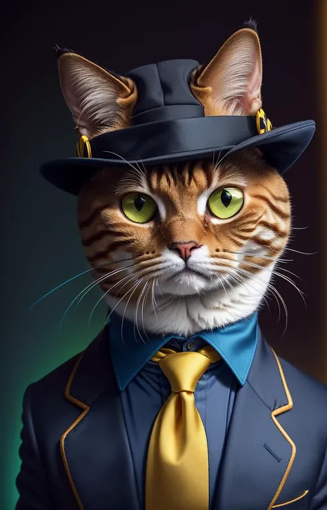 a portrait Photo of a person with tabby|calico cat head wearing luxurious tuxedo and detective hat, trending on Artstation dominating shiny blue and yellow colors,dark background, color shift, chromatic abberation, (fisheye dimmed bokeh:1.2) cat like human, in studio, dark background, solid background, striking light, analog style, (sunflowers decoration on hat:1.0), stylish pose, fashionable cat face, yelow_tie, (cool_sunglasses:1.0)<lora:epiNoiseoffset_v2:0.7>