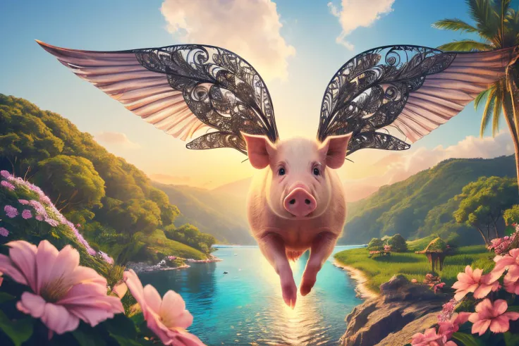 sfw, pig with wings in paradise, flying, photo best quality, hires, 4k, (natural skin:1.2), photo artistic lighting, (intricate details:1.3)