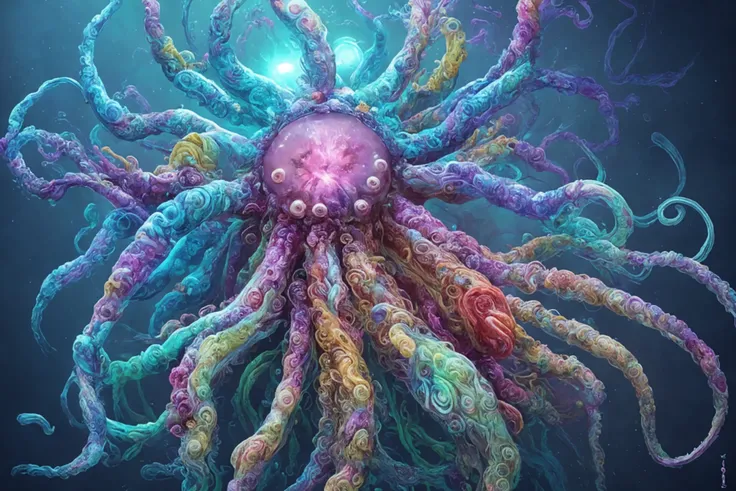 solaris, sentient ocean, (giant  face in center:1.3), giant translucent tree brain with many palps grow from foamed ocean, huge entwined knotted multicolored tentacles and pedipalps, many internal colorful cells and seals, (colorful organs intestines inside:1.3), shiny wet oiled fiber colorful surface, hyper detailed, artstation, eyes, super mind, <lora:epiNoiseoffset_v30:1>, oversaturate