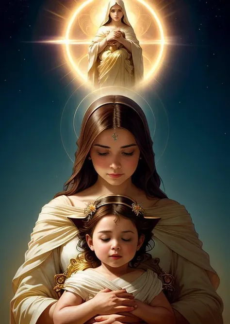 masterpiece, woman and child, holy virgin mary with little boy in her arms, halo over head, smiling, heavenly sky, half body, ((divine light)), ethereal, clouds, back lighting, realistic portrait, symmetrical, strong, intricate drawing, highly detailed, digital painting, art station, concept art, fluid, sharp focus, illustration, against heaven's gate, cinematic lighting, works by artgerm and greg rutkowski and alphonse mucha <lora:epiNoiseoffset_v2:1>