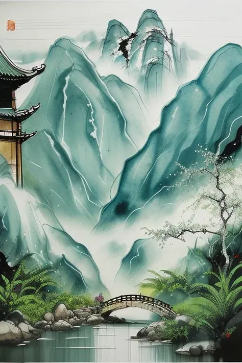 Chinese martial arts style, with vast sky, continuous mountains and steep cliffs, waterfall flowing water,ink wash style, outline light, atmospheric atmosphere, depth of field, mist rising, bamboo, pine trees, octagonal stone pavilion, Monochrome, light color,<lora:wyy-000009:0.8> <lora:wgz_style:0.2>