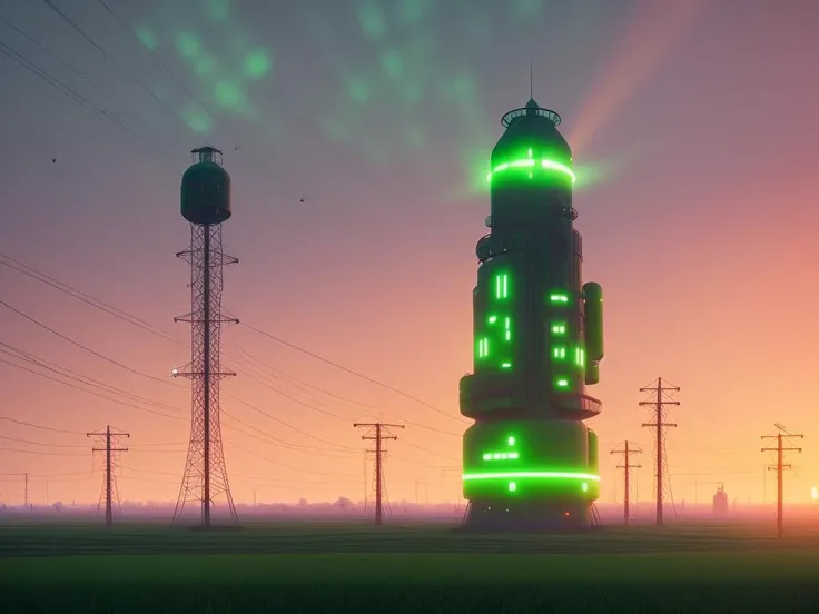 Green shining big tower with flashing lights in the fields in morning, industry, luminescent, ethereal, sunset, volumetric lighting, unreal engine, DOF, Simon Stalenhag