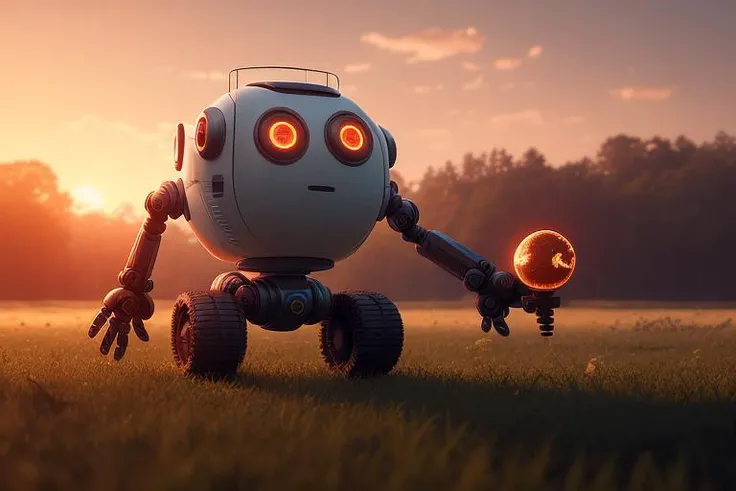 Single eyed round robot on six legs in the rural landscape, hd, 4k, ray tracing, octane render, backlight, accent lighting, sunset, DSLR, metallic, defocus, Simon Stalenhag
