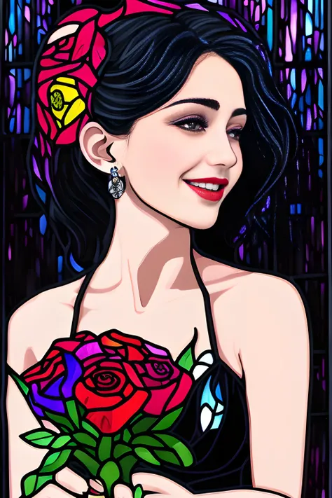 masterpiece, best quality, (vivid colors | (art by acrylic pouring) | illustration | stained glass), a woman holding a bouquet of flowers, rose, smlie, high contrast, (black color background:1.4)