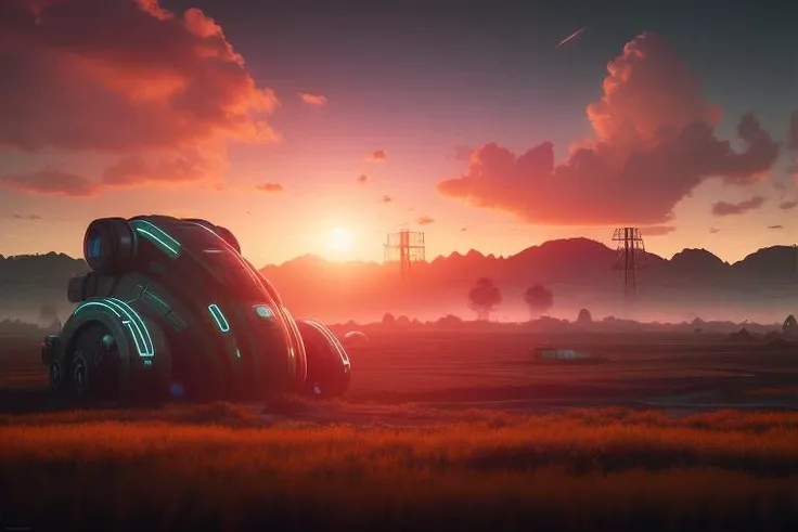 the rural futuristic landscape, hd, 4k, ray tracing, octane render, backlight, accent lighting, sunrise, DSLR, metallic, defocus, Simon Stalenhag