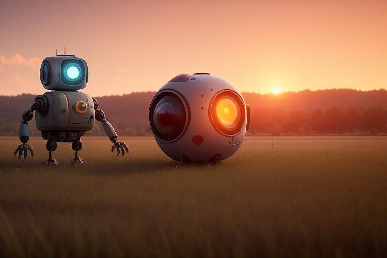 Single eyed round robot on six legs in the rural landscape, hd, 4k, ray tracing, octane render, backlight, accent lighting, sunset, DSLR, metallic, defocus, Simon Stalenhag