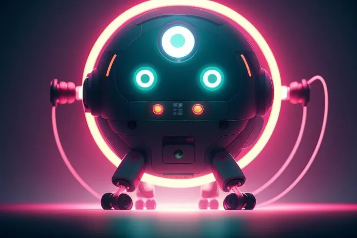 Single eyed round robot on six legs in the new reality neon electric background, hd, 4k, ray tracing, octane render, backlight, accent lighting, sunset, DSLR, metallic, defocus, Simon Stalenhag