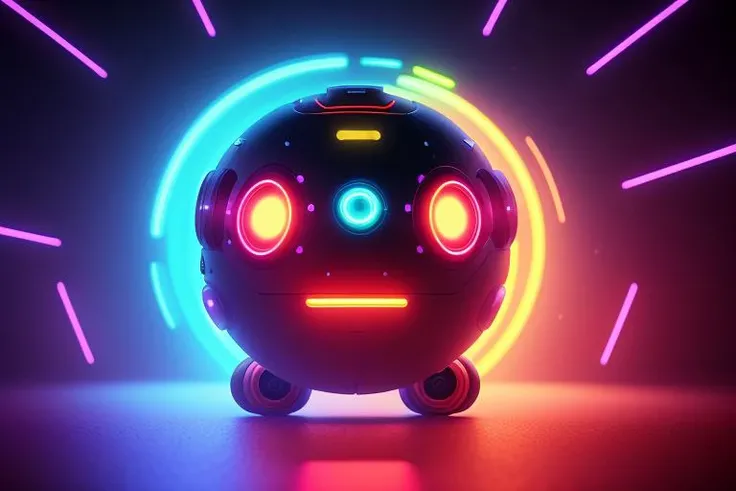 Single eyed round robot on six legs in the new reality neon electric background, retrowave style, hd, 4k, ray tracing, octane render, backlight, accent lighting, sunset, DSLR, metallic, defocus