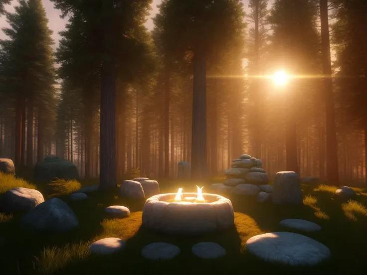 environment, pagan summer solstice stone altar in the middle of pine forest, luminescent, ethereal, sunset, mythical, athame, magic circle, volumetric lighting, unreal engine